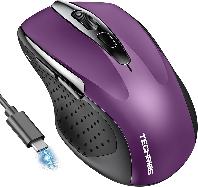 TechRise Bluetooth Mouse (BT5.0/3.0 & 2.4G) Rechargeable Wireless Mouse, 4800 DPI Optical Tracking, 6 Adjustable DPI, 2.4GHz with USB A Receiver, Quiet Clicks, Ergonomic Grips, 6 Buttons - Purple