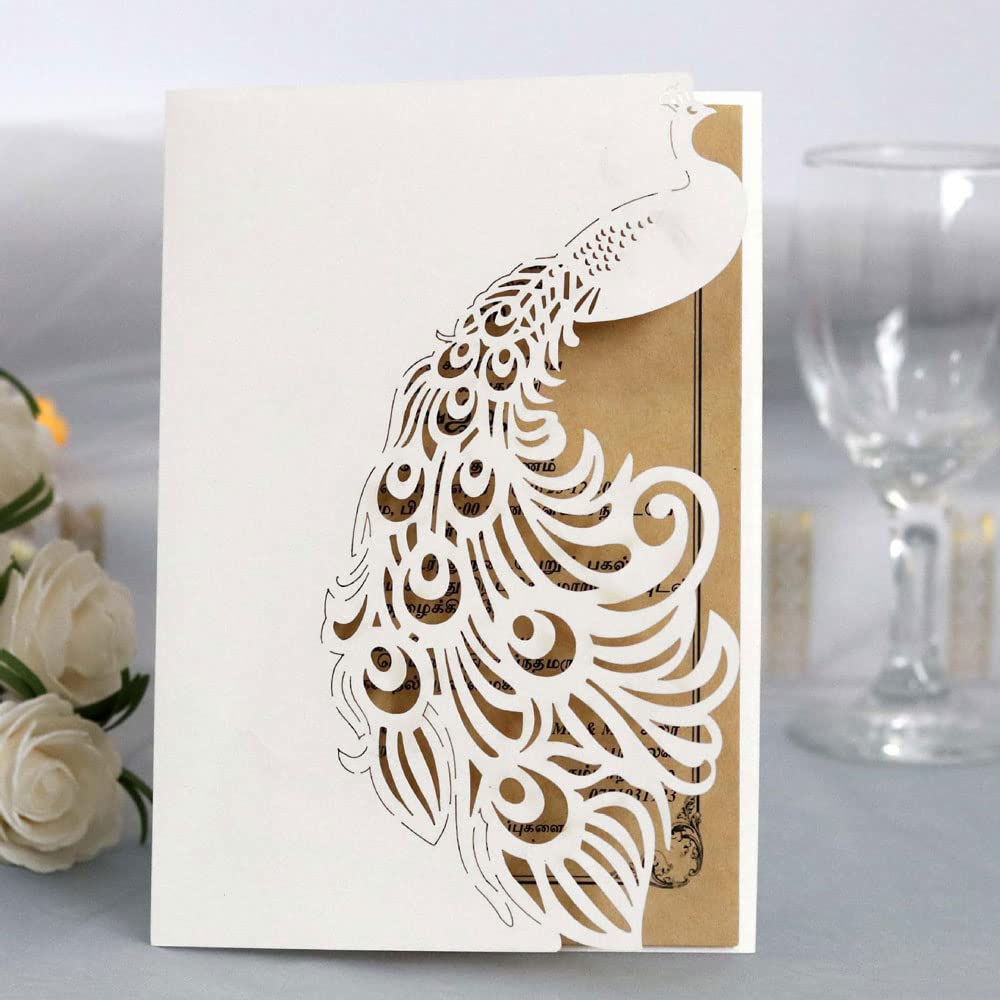 UMIMO 5x7.3 Inch 50PCS Blank White Wedding Invitations Kit Laser Cut Hollow Lace Peacock Quinceanera Invitation Cards with Envelopes for Wedding Birthday Invite