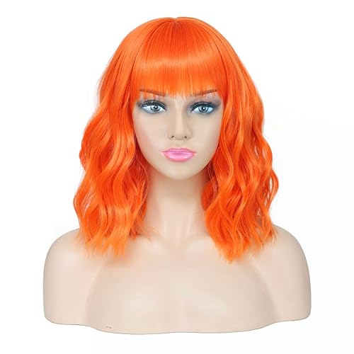 Miniatura 2 de Pelucas cortas onduladas con flequillo, pelucas sintéticas coloridas rizadas, longitud media de hombro, naranja, mezcla de 14 pulgadas de naranja