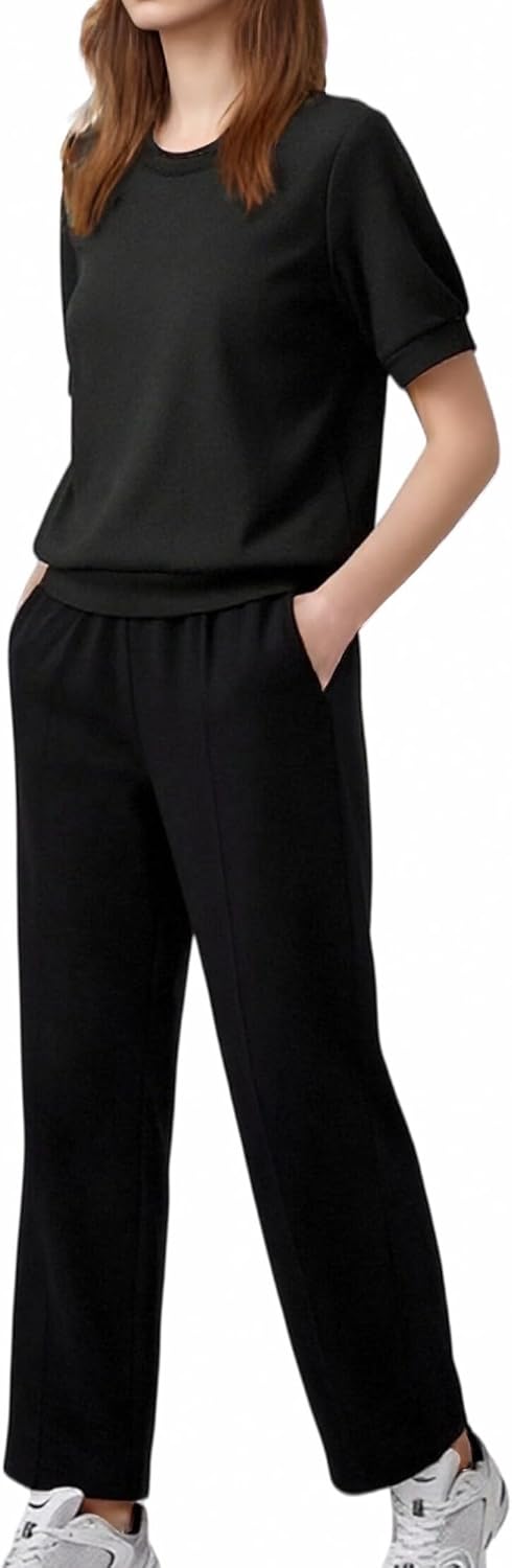 Women’s 2 Piece Lounge Sets, Summer Crew Neck Short Sleeve Tops & Wide Leg Sweatpants - Image 2