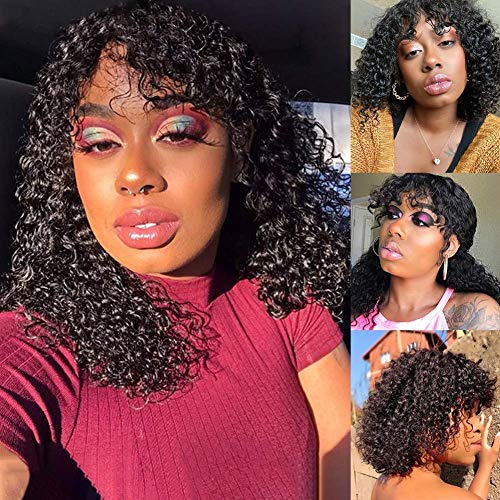 Amella Hair Curly Human Hair Wigs with Bangs for Black Women 150% Density 10A Brazilian Virgin Kinky Curly Lace Front Wigs Human Hair with Bangs Glueless Half Machine Made Hair Wigs Natural Black 14"