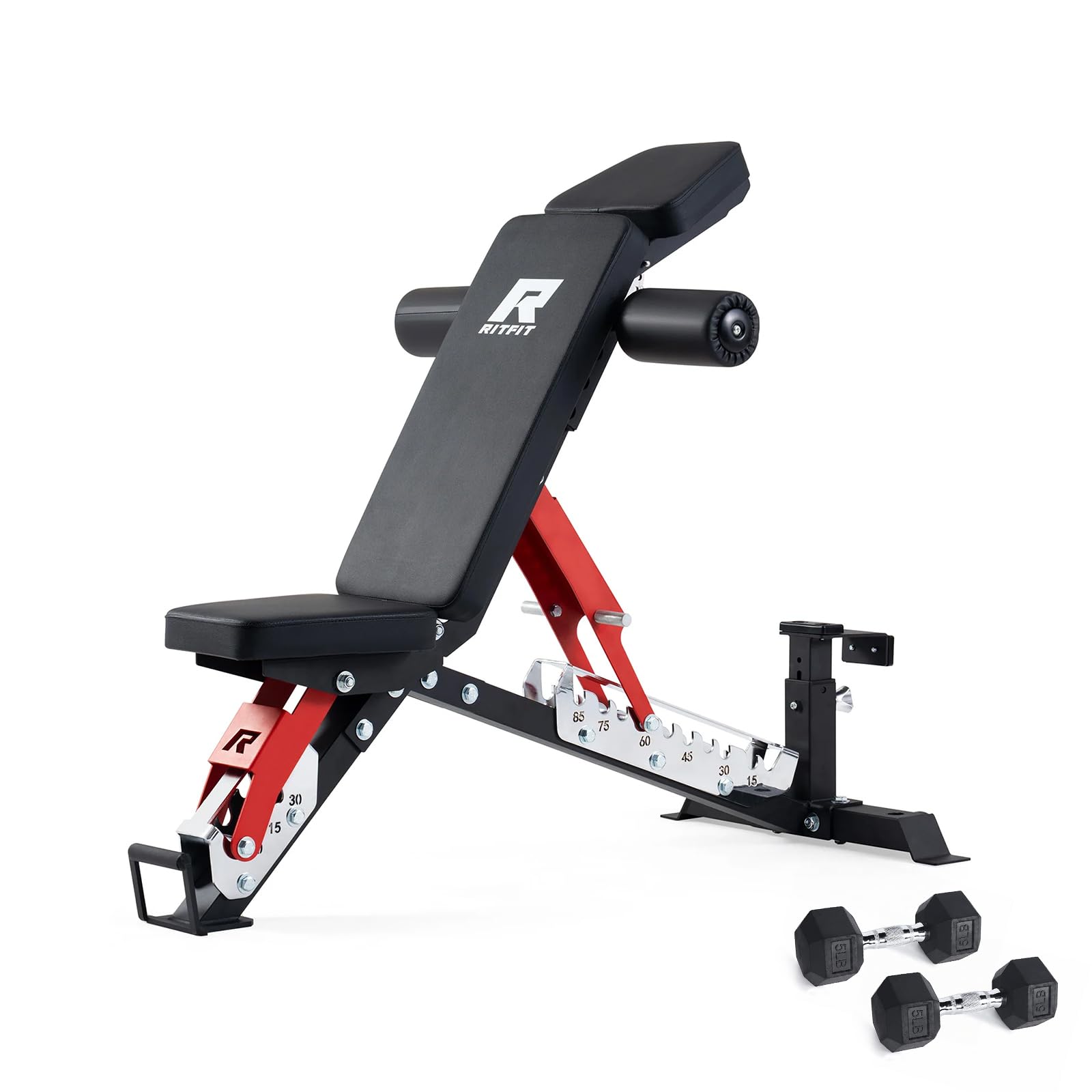 RitFit 3-Section Adjustable Weight Bench for Home Gym, 1600LB Capacity | Incline Decline Flat, 10 Backrest & 5 Headrest Positions, Full Body Strength Training with 14GA Steel Frame Red, with 2x5lb rubber hex dumbbells