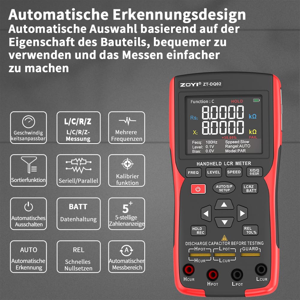 Handheld LCR Messgerät mit Batterie Innenwiderstandstester Präzisionsmultimeter für Kapazität/Induktivität, 4 Draht Kelvin Klemmen 100Hz–100kHz