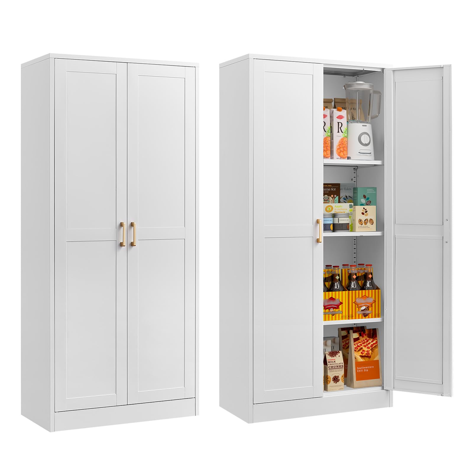 60" Tall Pantry Storage Cabinet with Doors and Shelves, Kitchen Cupboard with Gold Handles, 2 Door Freestanding Food Cabinet, White Metal Storage Cabinets for Kitchen, Living Room - Assembly Required