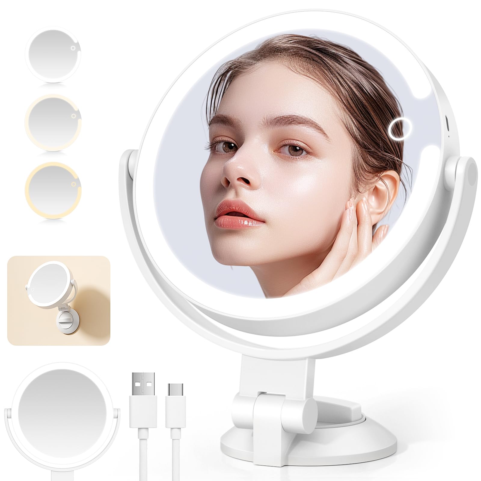 NIBSHOOM Espejo Maquillaje con Luz, Espejo de Aumento LED 1x/10x, Espejo de Maquilhagem Regulable en 3 Colores con Luces, Giratorio 360°, Espejo Ducha con Ventosa para Baño, 7 Pulgadas