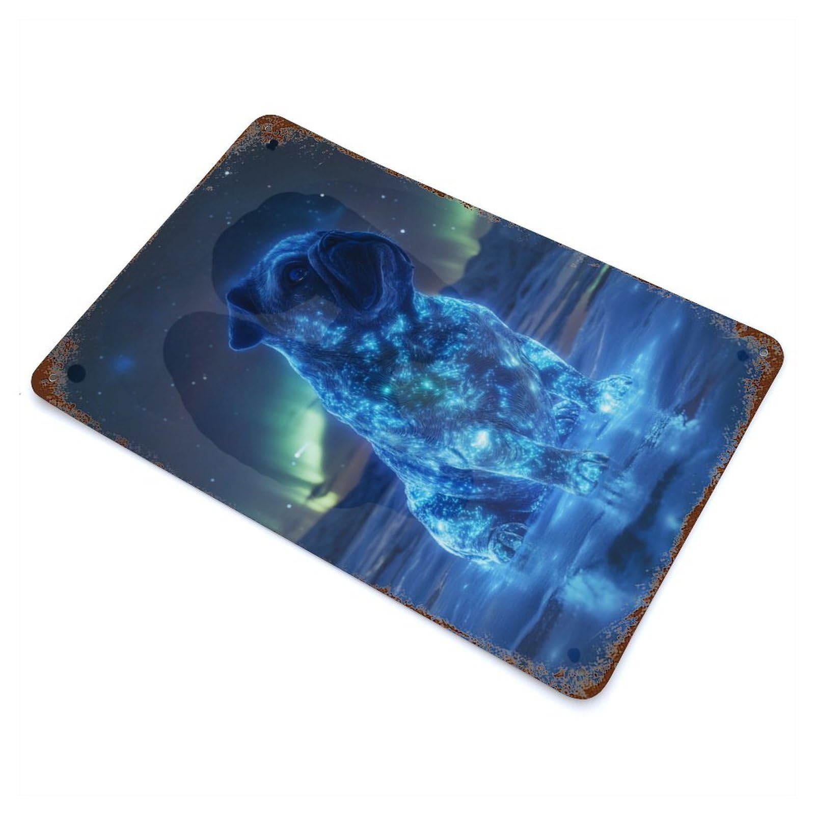 Pug in The Aurora Borealis Decorative Tin Sign 11.8"x7.9", for Cafe, Home Bar And Lounge Decor, Decorative Metal Wall Art