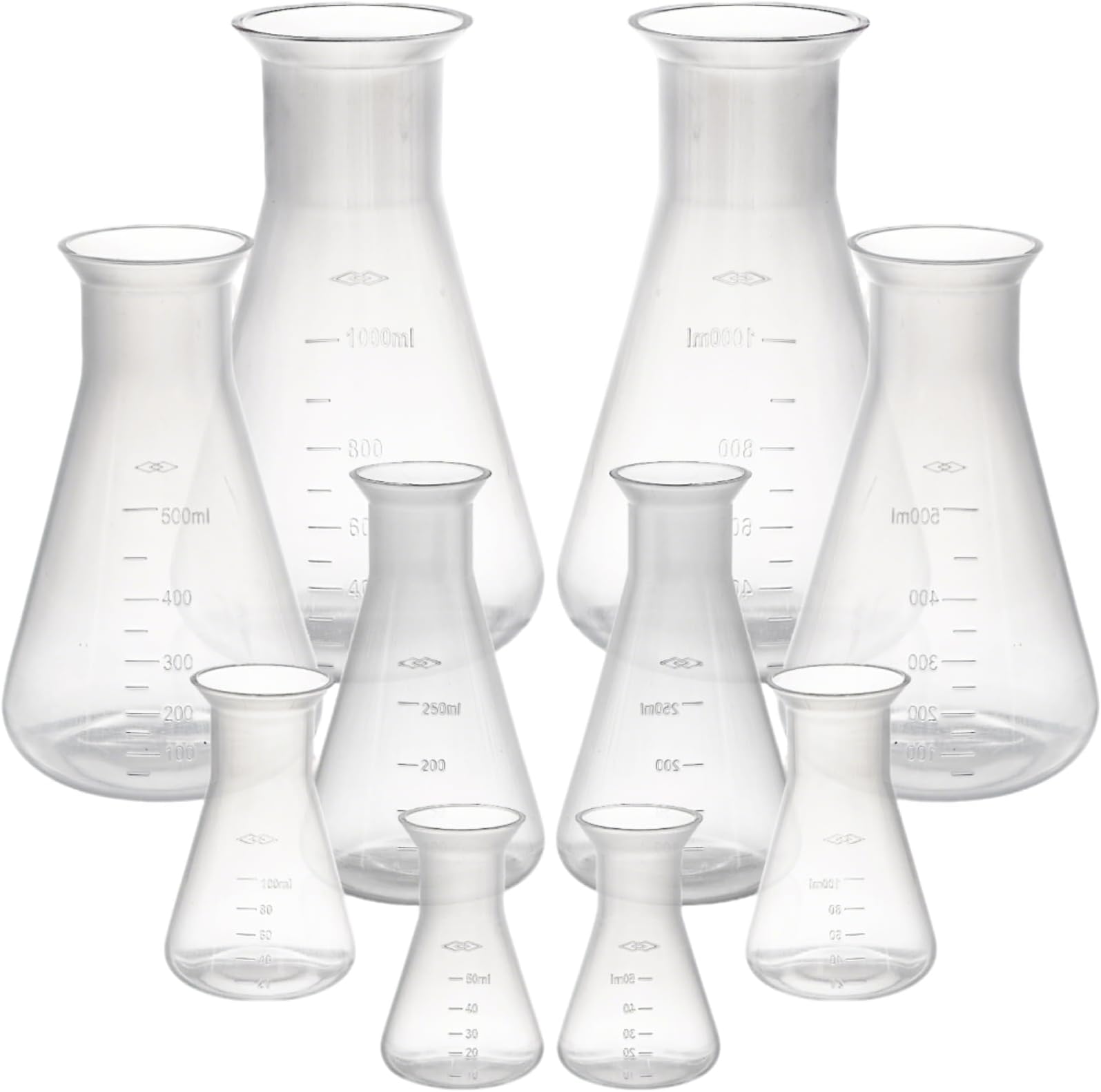 Covzoe 10 Pack Plastic Erlenmeyer Flask, Semi-Transparent Scientific Conical Flask for Teaching, Laboratory Chemical Erlenmey Education Learning Tool, 50ml, 100ml, 250ml, 500ml, 1000ml