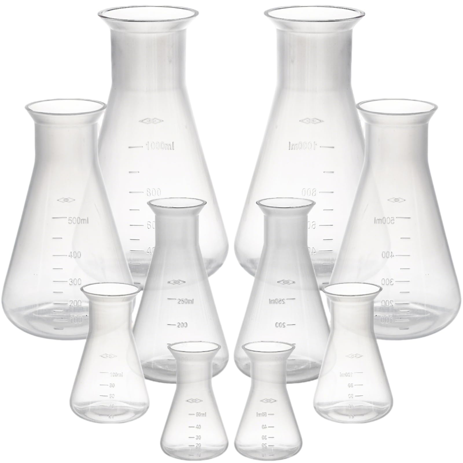 Covzoe 10 Pack Plastic Erlenmeyer Flask, Scientific Conical Flask for Students Experiment, Laboratory Chemical Erlenmey Education Learning Tool, 50ml, 100ml, 250ml, 500ml, 1000ml