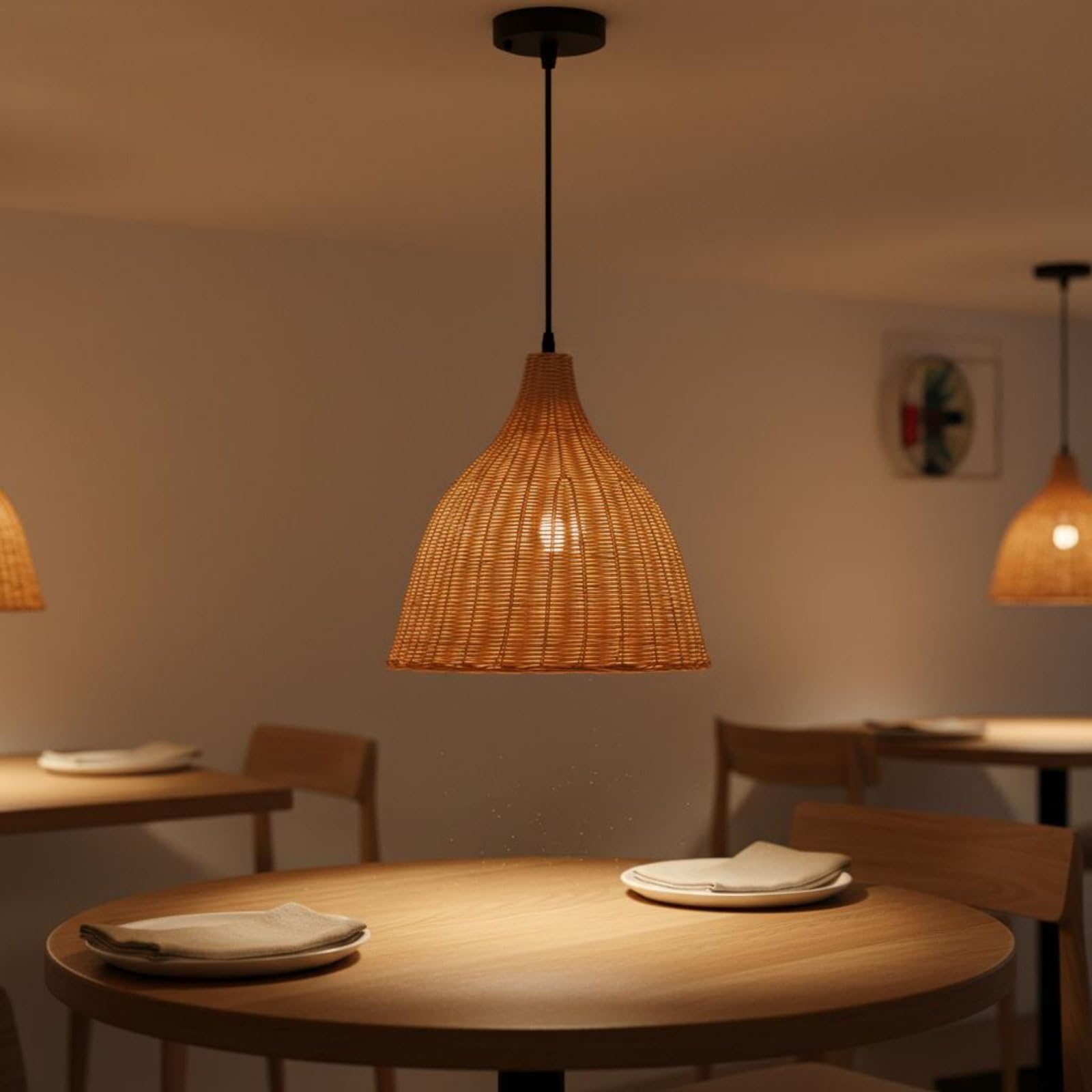 Lampada a Sospensione Intrecciata Rattan Bambù Plafoniera Decorativa E27 Installazione Veloce Ambiente Caldo Adatta per Sala da Tè Sala da Pranzo Ristorante Decorazione Bohemien, 35 Cm