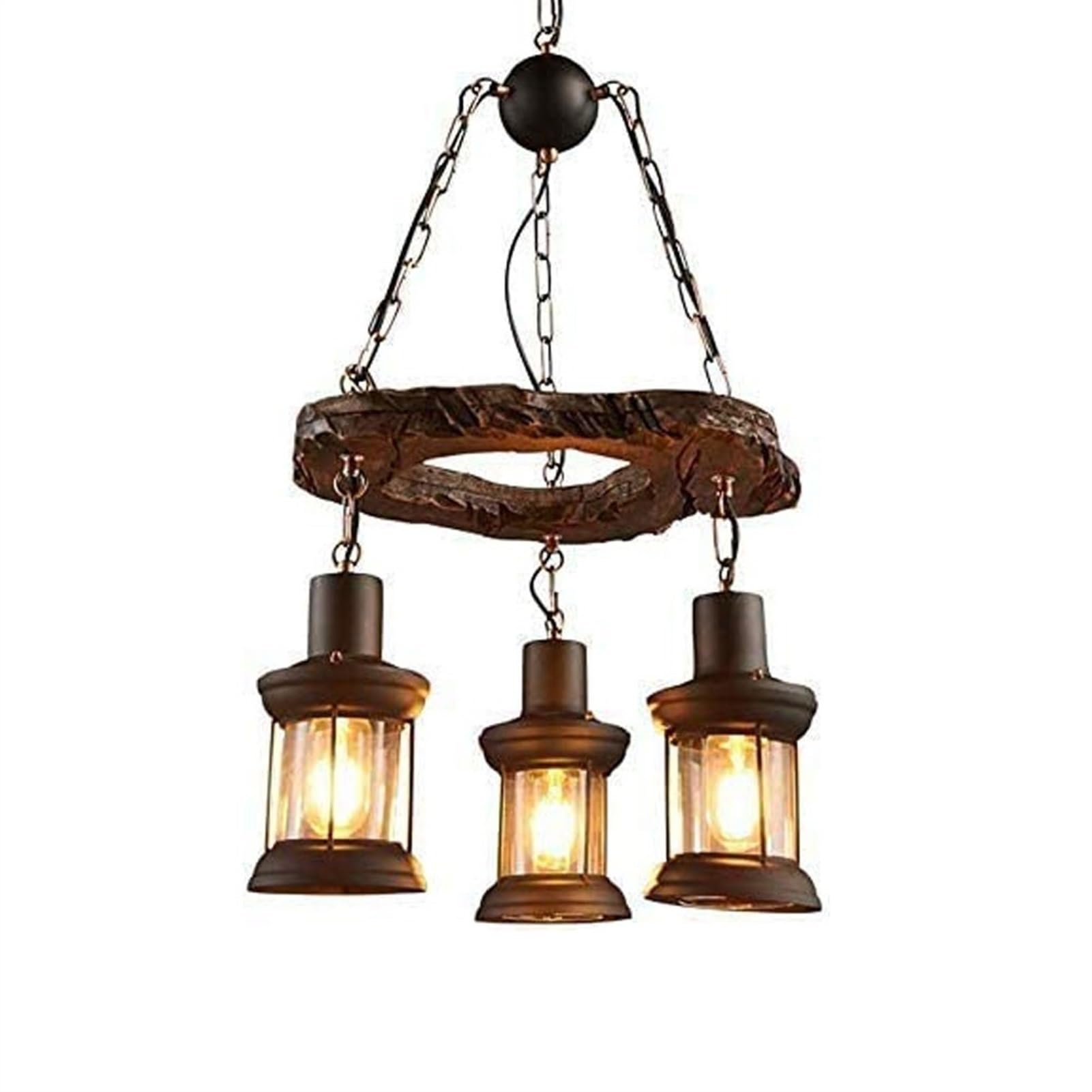 BLOOHK Rustic Farmhouse Chandelier, 3-Light Industrial Pendant Light with Lantern Glass Shades, Vintage Wood Hanging Ceiling Fixture for Kitchen Island, Dining Room