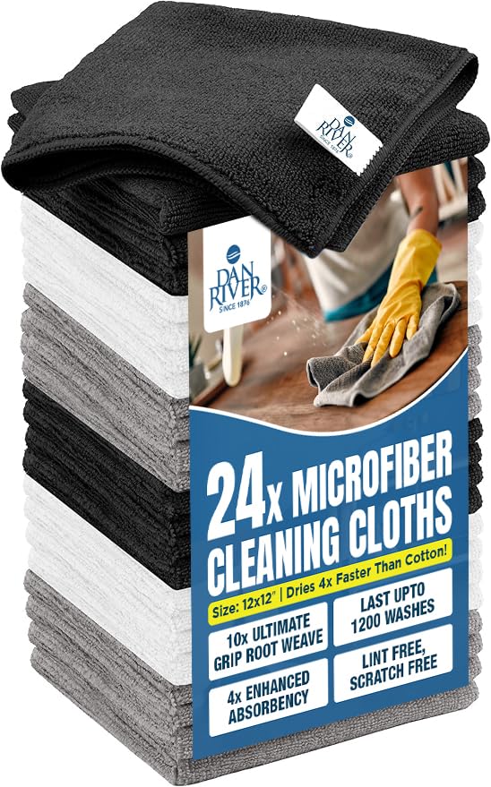 DAN RIVER 24-Pack Microfiber Towels – Ultra Absorbent, Lint-Free &amp; Streak-Free Kitchen Rags Cleaning for Home, &amp; Car - Must-Have Cleaning Essentials - 12" x 12" - Gray White Black