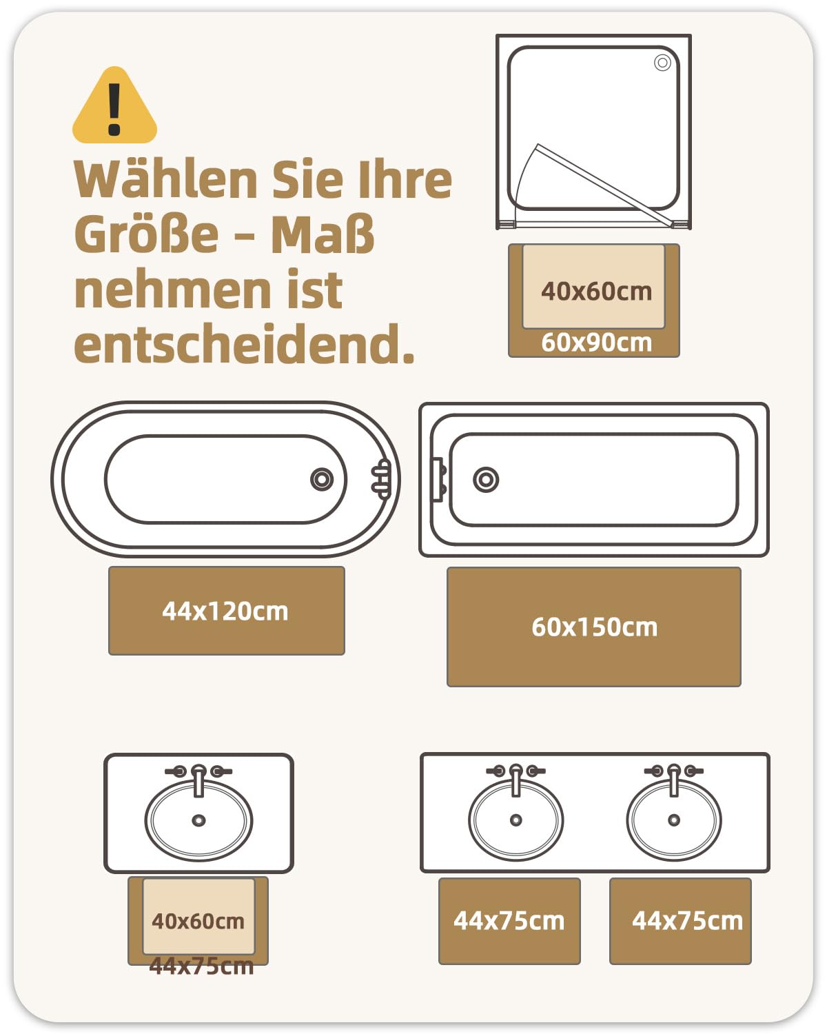 COLOR&GEOMETRY Badematte 60x90cm Beige Chenille, rutschfest saugfähig | Gummiboden rutschfest, ultraweich aus Chenille, saugfähig & waschbar Badvorleger für Bad, Dusche, Wanne