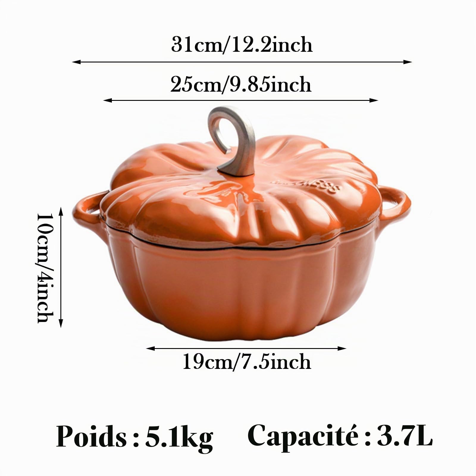 Cocotte en fonte en forme de citrouille avec couvercle et poignées, antiadhésive pour porridge, soupe, ragoûts, cadeaux, 3,7 l
