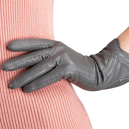 Nappaglo Nappa Leather Gloves Warm Lining Winter Handmade Curve Imported Leather Lambskin Gloves for Women (M, Light Grey)