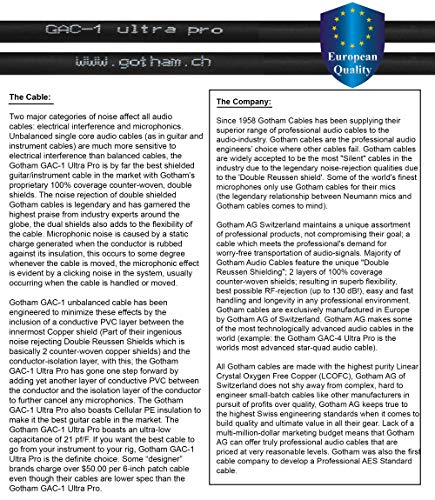 20 Foot - Gotham Gac-1 Ultra Pro (Black) - Premium, Low-Capacitance (21 Pf/F) Guitar Bass Instrument Cable - Amphenol Qm2R-Au & Qm2P-Au ¼ Inch (6.35Mm) Gold Ts Connectors #TOP2