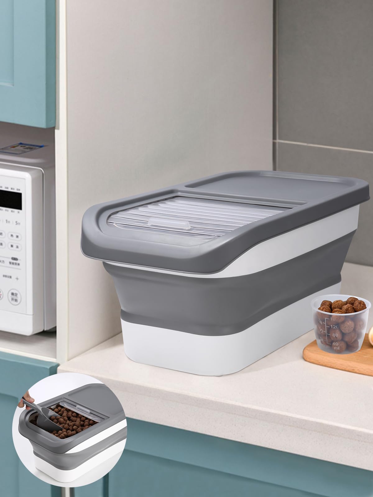 Zawaer Contenedor de Comida para Mascotas 5KG, Pienso Perro Gato Plegable Cubo Caja Almacenamiento Comida con Pala y Taza Medidora