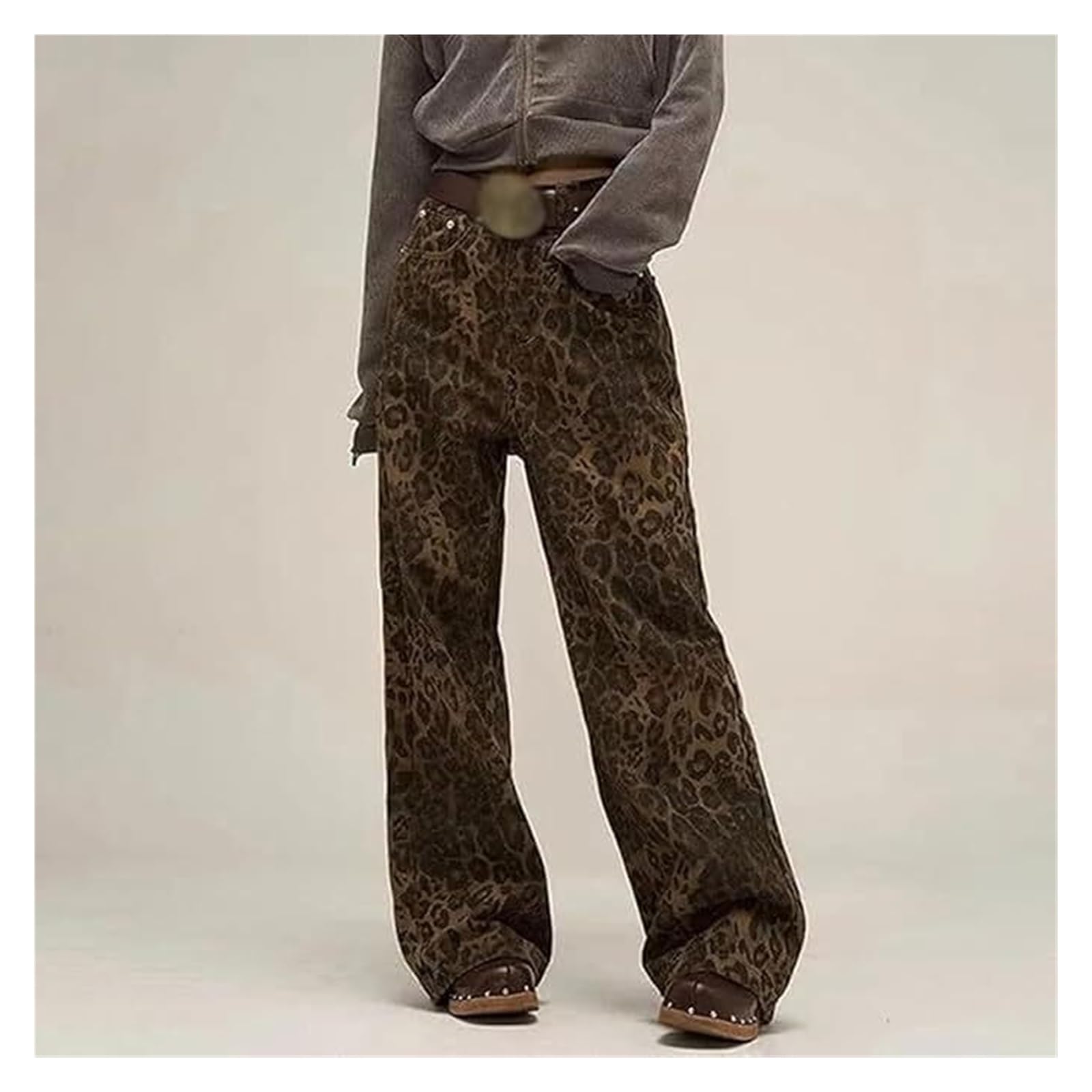 Dżinsy Y2k Leopard Print Jeans Proste Spodnie Z Szerokimi Nogami Z Kieszeniami, Vintage Loose Cargo Jeans Z Wysokim Stanem Dla Kobiet