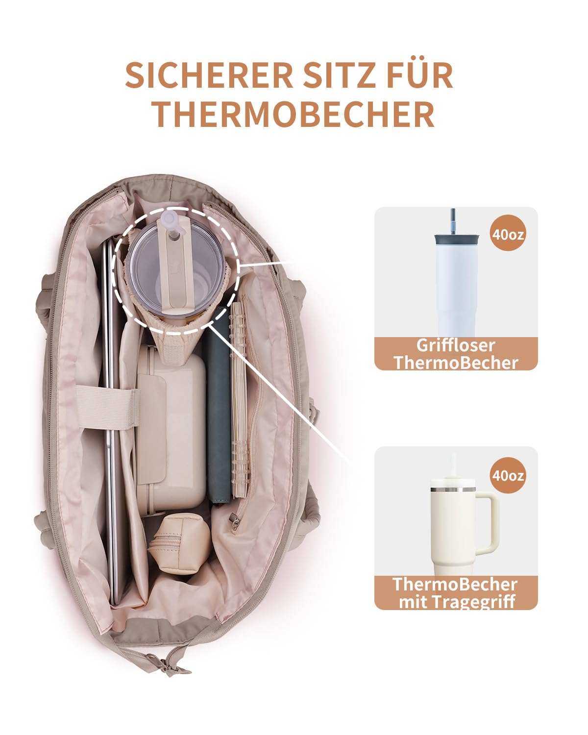 Wandering Nature Handtasche Damen Tote Bag 2-Tlg Puffer Shopper Tasche mit Laptopfach (15,6 Zoll) & Getränkehalter (40oz/1.18l), Ideal für Arbeit Schule Reisen Shopping (Patent Angemeldet)