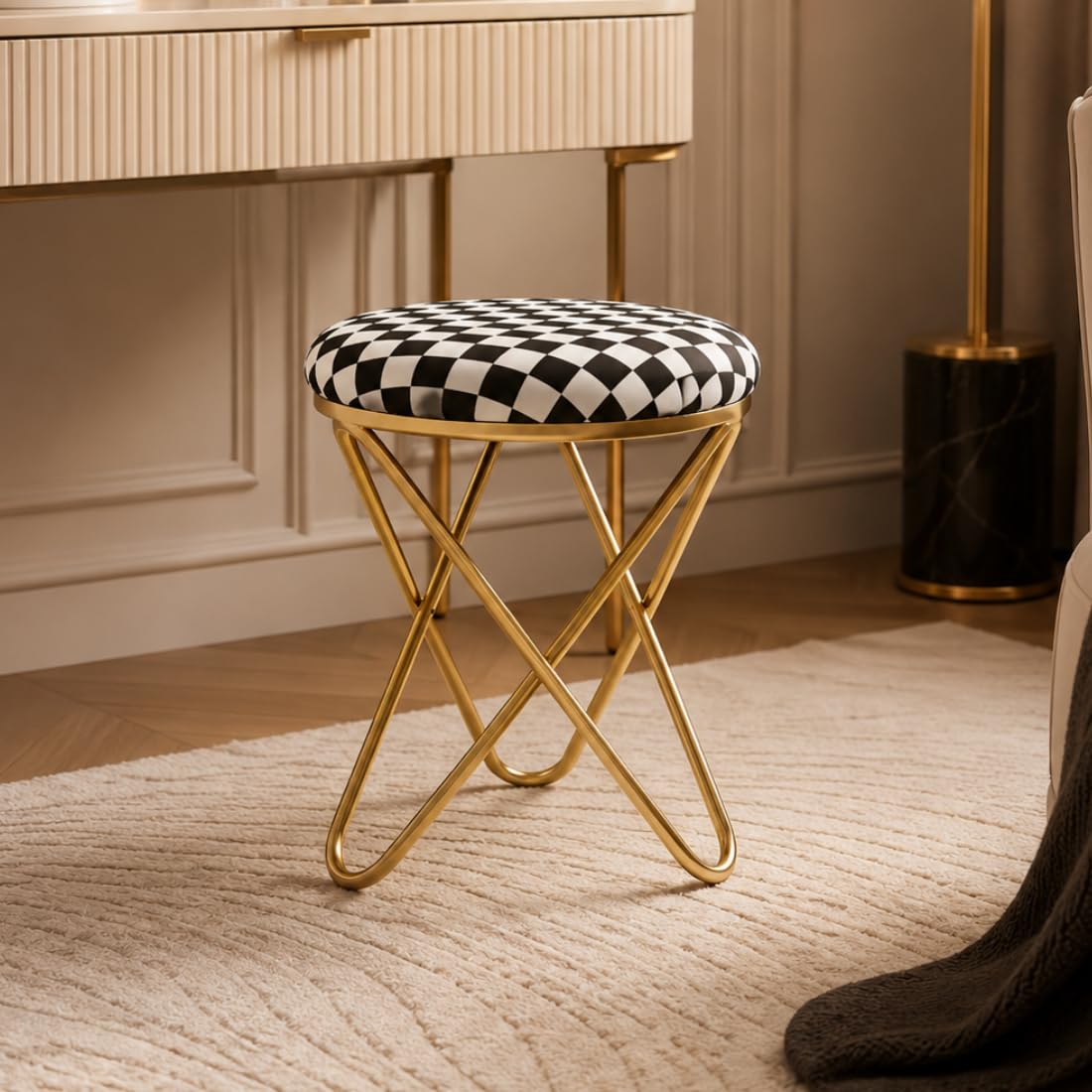 Round Vanity Stool with Checkered Seat and Gold Base | Black & White Pattern, Crossed X-Frame Legs, Padded Cushion Seat, Bedroom Accent Stool, Modern Glam Style-image-48