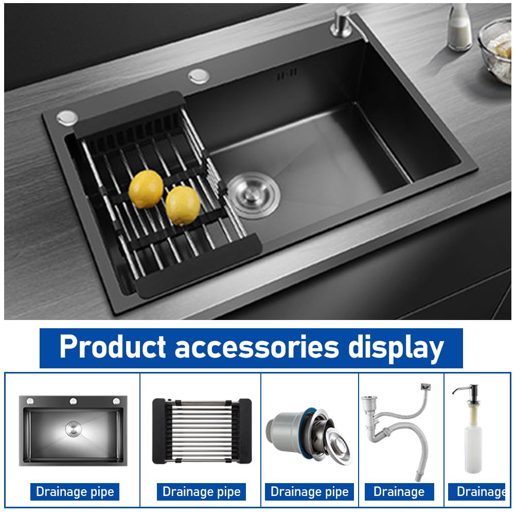 Fregadero de cocina multifunción 304 inoxidable, empotrado con 3 agujeros (negro, 50 x 40 cm)
