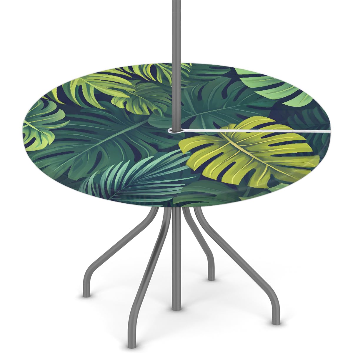 KNEMI Round Garden Table Cloth With Parasol Hole, Palm Leaves Outdoor Circular Fitted Tablecloth With Umbrella Hole Waterproof Elastic Edged Table Cover for Party Picnic, Fit for 45"-56" Round Tables
