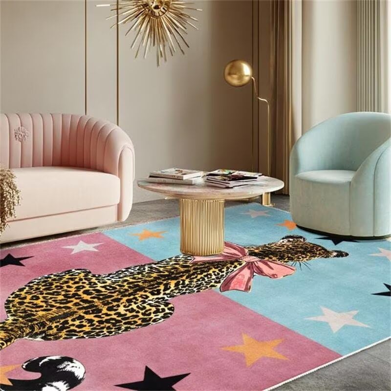 Dsopoy Cute Cartoon Leopard Print Rug for Girls Bedroom 4x6 ft Pink Blue Bowknot Leopard Cheetah Area Rug for Living Room Cartoon Animal Skin Print