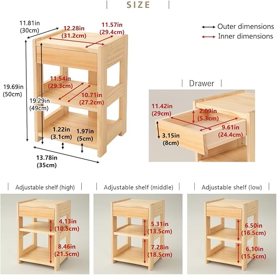 EMOOR Bed Side Table with Drawer Height-Adjustable Open Shelf Solid Finnish Pine Natural, Already Assembled Night Stand End Table Bedside Nightstand Bedroom Living Room
