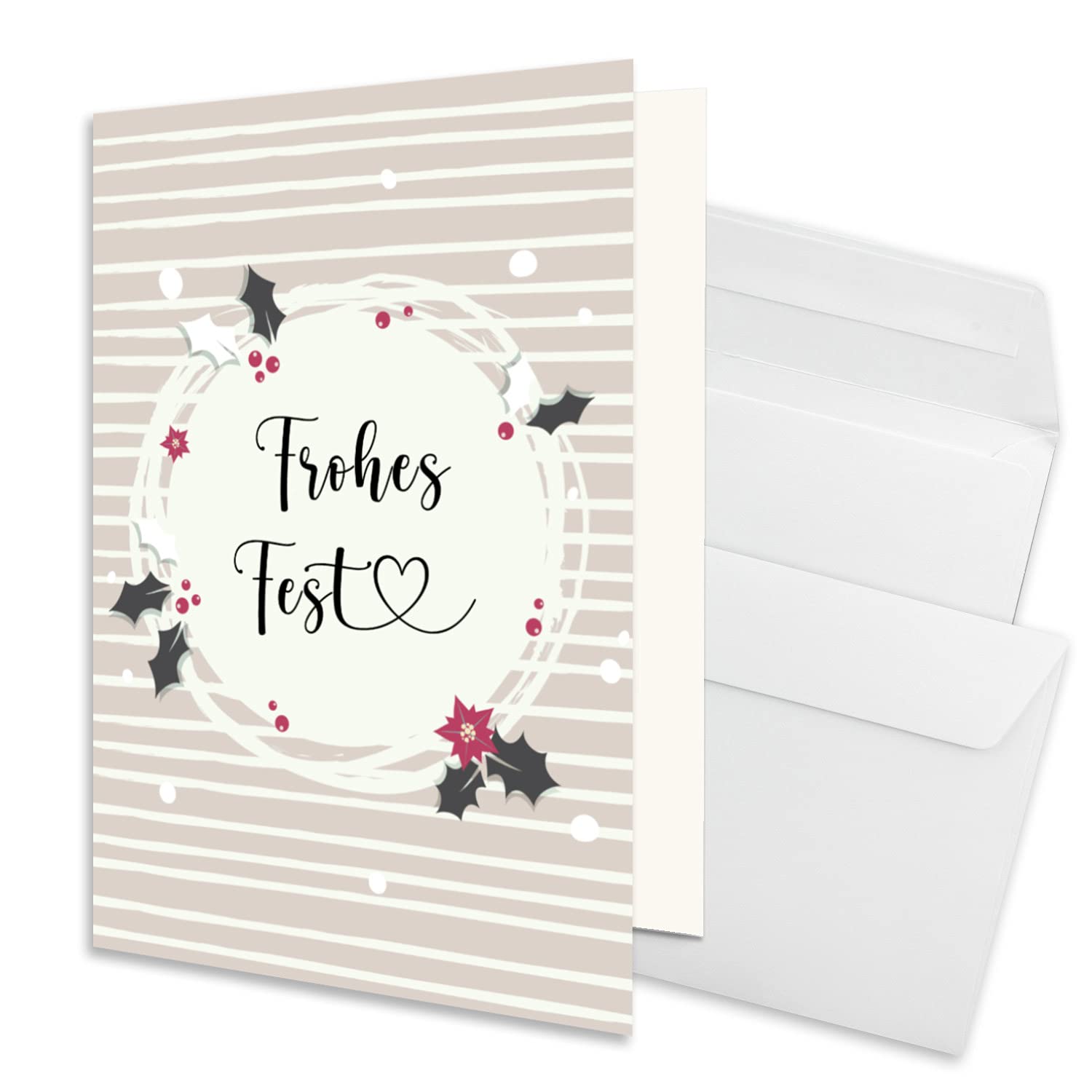 NEUSER PAPIER Juego de 75 tarjetas navideñas sostenibles DIN A6 en rosa viejo con acebo y texto - Tarjetas plegables con sobres a juego DIN C6 blanco con adhesivo