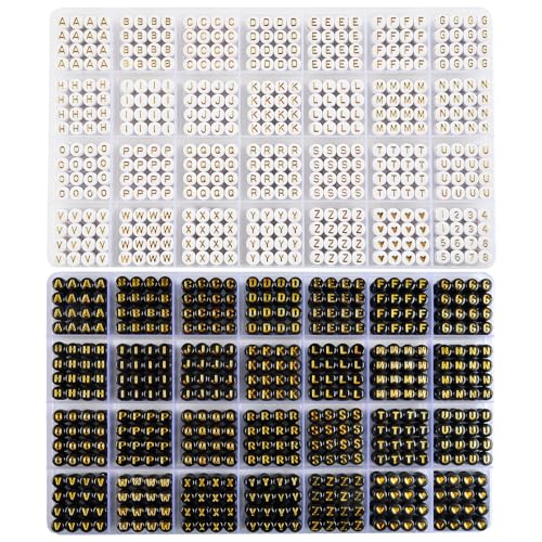 L'EclatDina 1900+ PCS Letter Beads, 2 Box Set Alphabet Beads for Bracelets, Round Number & Heart, 5m Elastic String Jewelry Making Kit, Ideal Gift for Friendship Bracelets (White Gold+Black Gold)