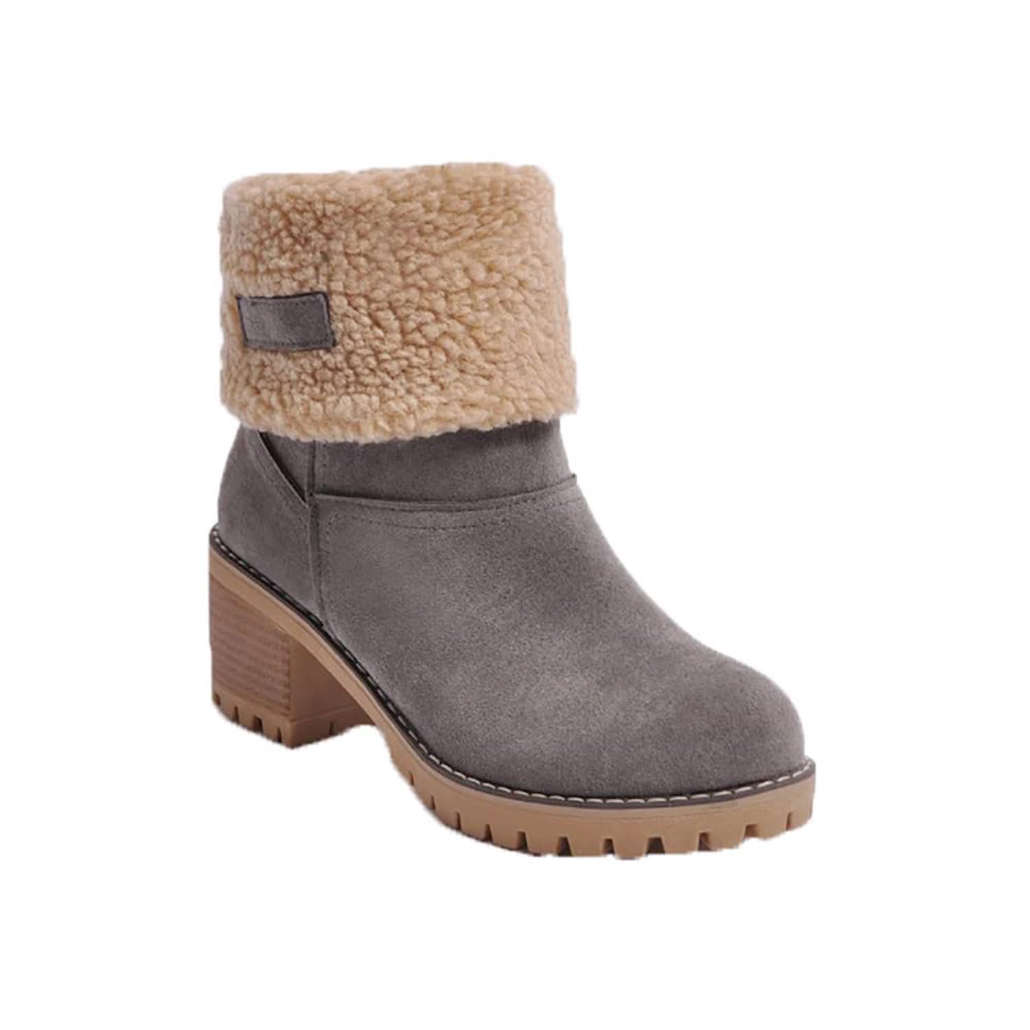 MEESLGOO Women Cute Warm Short Boots Women's Winter Snow Fleece Suede Chunky Mid Heel Round Toe Ankle Booties Chunky Boots