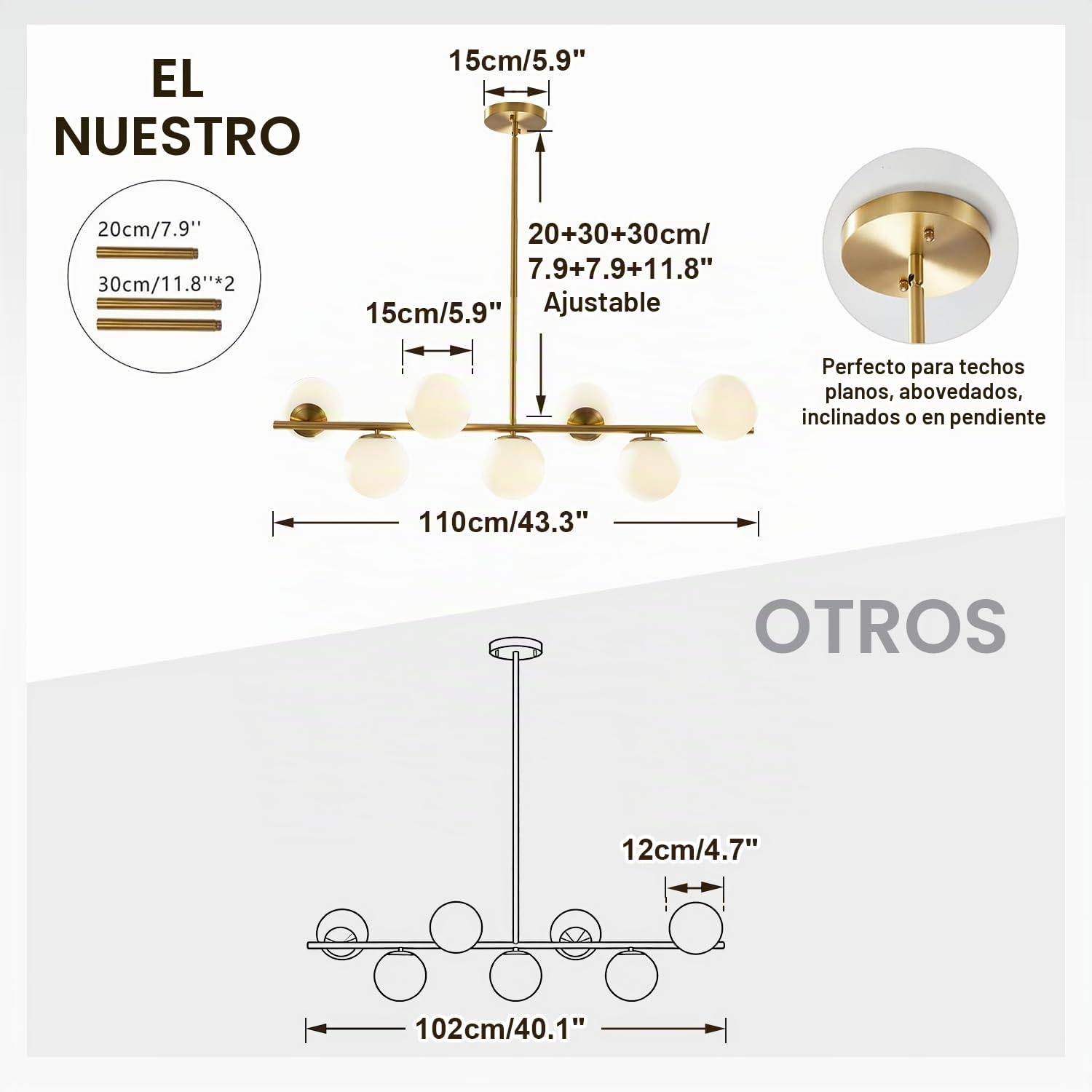 KCO Lighting Lámparas de Comedor Modernas de Metal Dorado, Lámpara Colgante de Isla de Cocina de Vidrio Blanco, 7 Luces, E27, Lámpara Colgante de Bola de Isla de 80 cm de Altura Ajustable