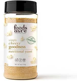 Foods Alive 6 oz Shaker Jar, Simple Cheesy Goodness Nutritional Yeast Seasoning, popcorn, salads, vegan cheese powder, non-gmo, gluten free