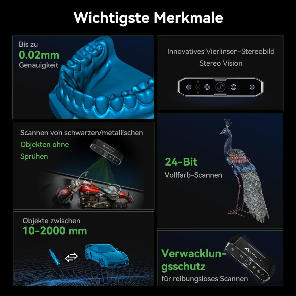 Creality CR-Scan Otter 3D Scanner, 0,02 mm Präzision, 4-Linsen-Stereovision, 24-Bit Vollfarbscan, für 10-2000 mm Objekte, Schwarz/Metall ohne Spray