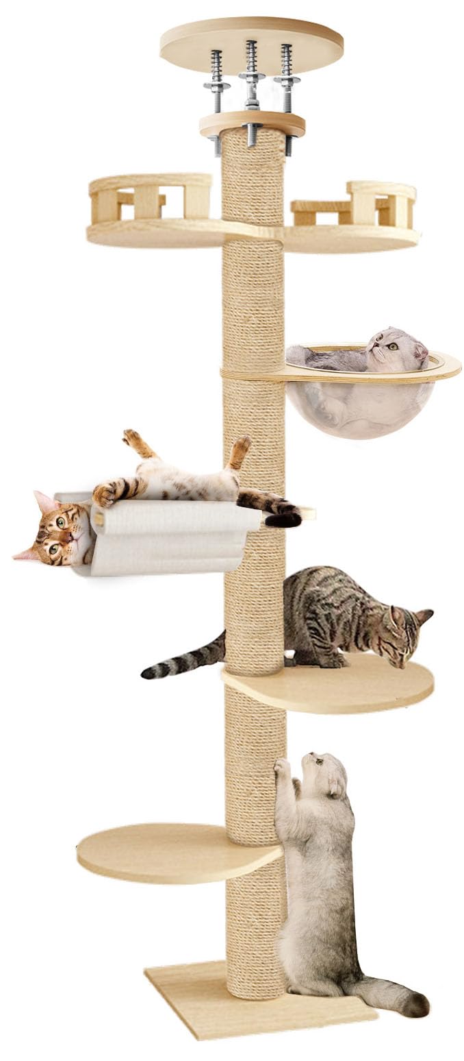 Floor to Ceiling Cat Tree, 6 Level Adjustable Height (6-10ft) Cat Climbing Tower with Thickened Scratching Posts, Cats Activity Center with Cozy Hammock, Cat Tree Tower for Indoor Cats Kittens (Beige)