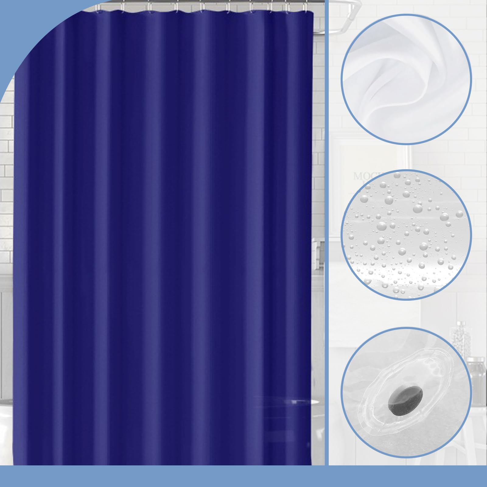 PEVA Shower Curtain 180x180cm,Heavy Duty Plastic Navy Blue Weighted Shower Curtains Mould Proof Resistant Waterproof Bath Curtains with 3 Magnets 12 Hooks for Wet Room,Bathroom,Shower Stall,Bath Tub - Image 2