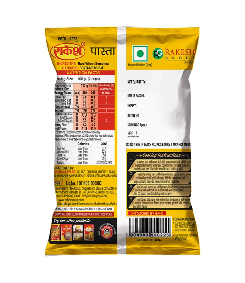 Image of Rakesh Penne Pasta 400g | 100% Hard Wheat Semolina | No Maida, No Preservatives | Quick & Easy Cooking Pasta
