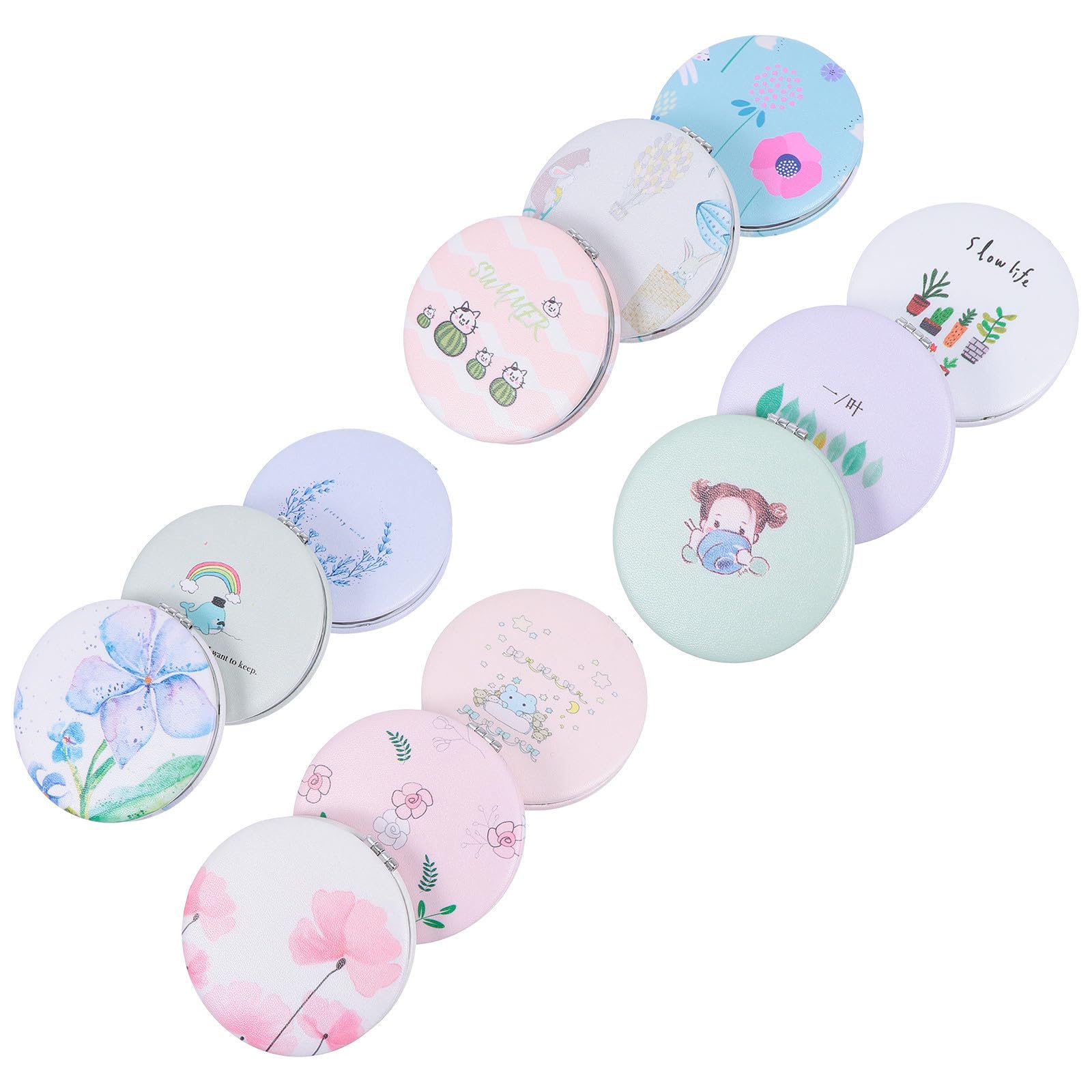 BETOOKY Espejo Compacto Redondo Plegable de PU para Mujer, Ligero y Portátil, Paquete de 12 Unidades Diseños Elegantes, Adecuado para Bolso y Uso en Casa