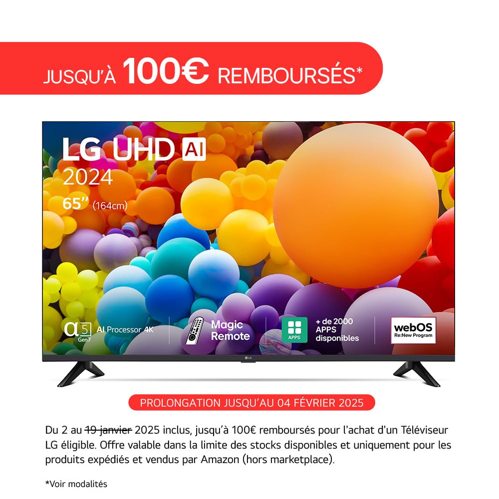 LG TV LED 2024 | 65UT73 | 65 Pouces | UHD | Processeur α5 gen 7 AI 4K, Noir