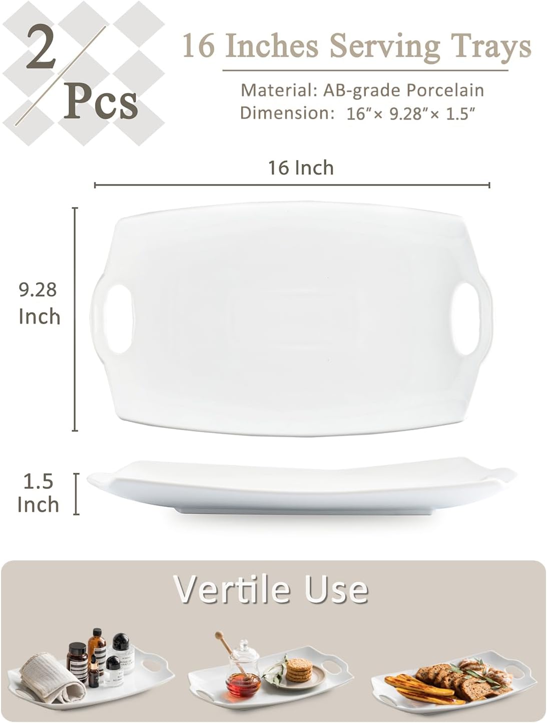 Turkey Serving Platter for Entertainment, Thanksgiving, Turkey, Serving Tray with Handles Large, Party, Display, LYEOBOH 16 inch Rectangle Porcelain Platters Set of 2, White