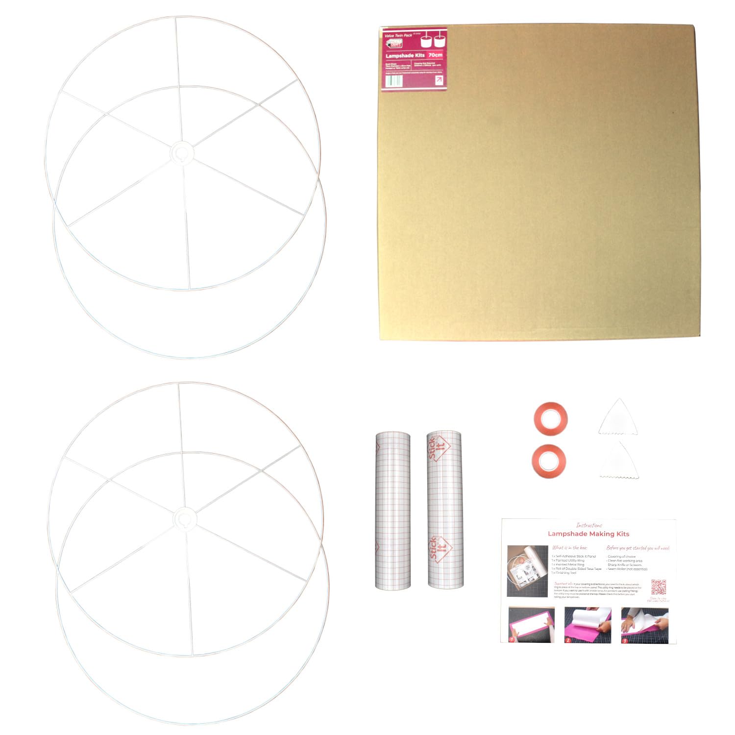 Drum Lampshade Making Kit Twin Pack - Use with Pendant Ceiling Lights, Table and Floor Lamps, Drum Circle Shape Needcraft UK DIY use with Fabric, Textile, Wallpaper of Choice. (White, 70cm)