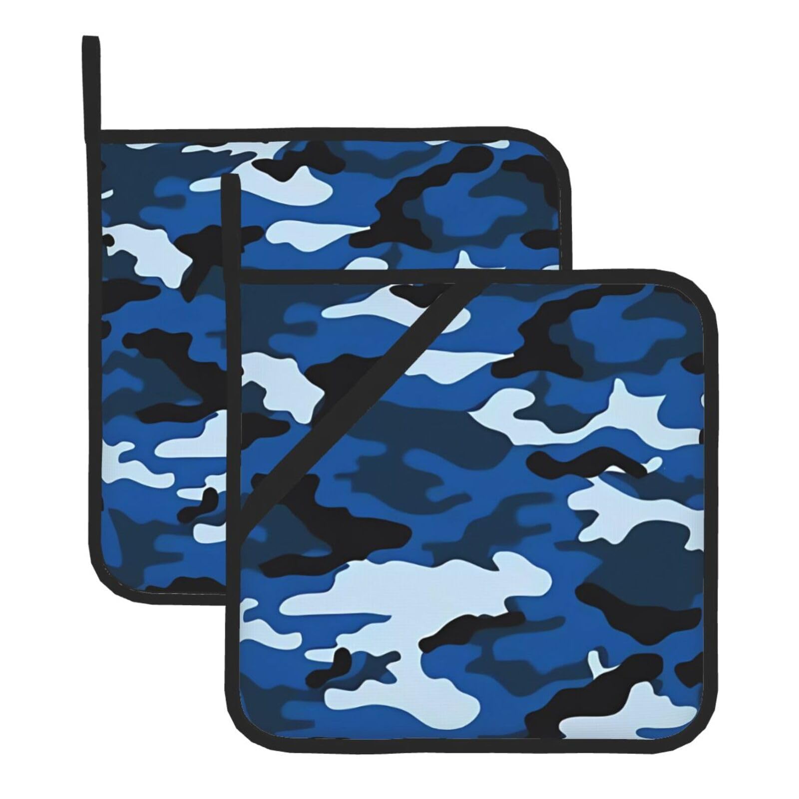 WHJSHOP Blue Camo Prints Square Hot Pads for Kitchen - Waterproof Pot Covers with Hanging Loops - Thick Heat Resistant Trivets for Serving & BBQ, 2-Piece Set