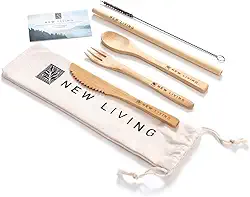 Conjunto de talheres de bambu | Reutilizável, para viagens | Inclui canudo de bambu, garfo, faca, colher, limpador e estojo de transporte | Produto ecológico