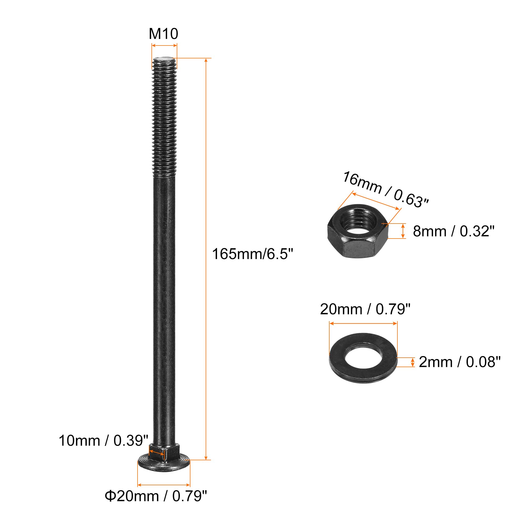QUARKZMAN M10x165mm Bulloni A Testa Tonda Con Collo Quadrato Con Dadi E Rondelle, 12Set 304 Acciaio Inossidabile Bulloni A Testa Tonda Con Collo Quadrato, Nero