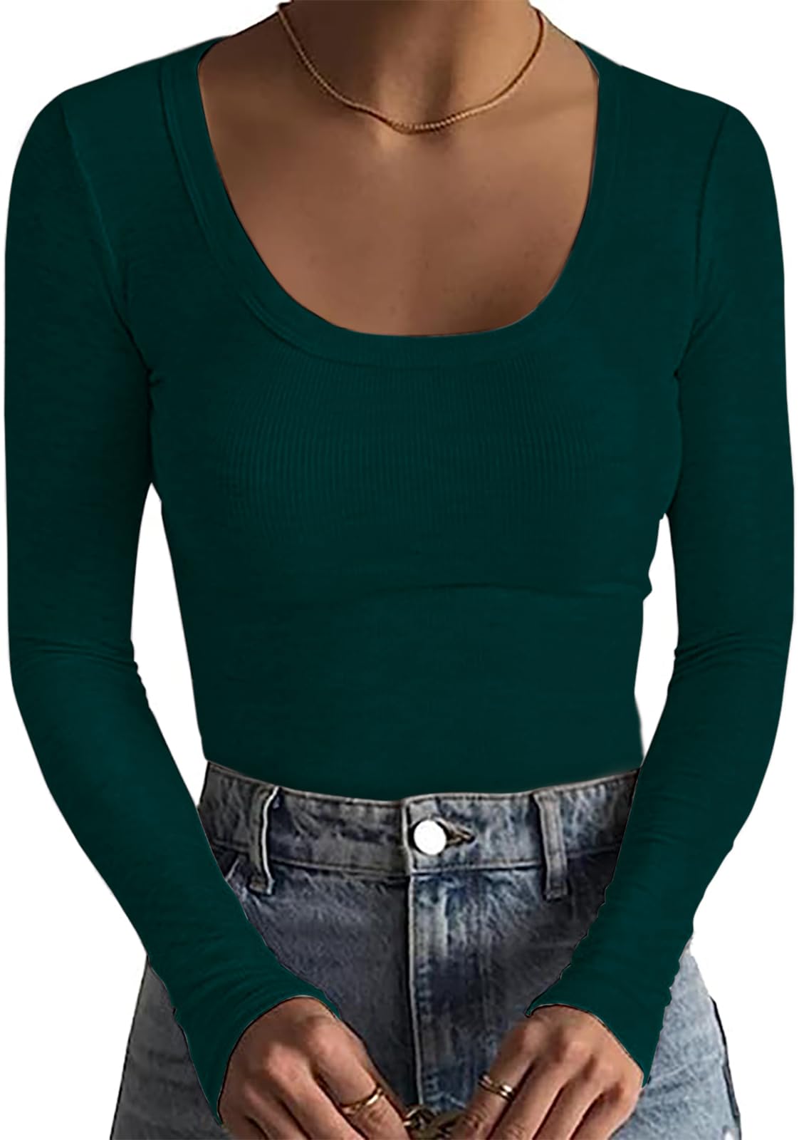 Basicspace Damen Gerippte Tops Schlank Hautfreundlich Basic T Shirt Einfarbig Tops Sexy Dehnbar Lässig Tief U Hals T Shirt Modisch Vielseitig Langarm Shirt