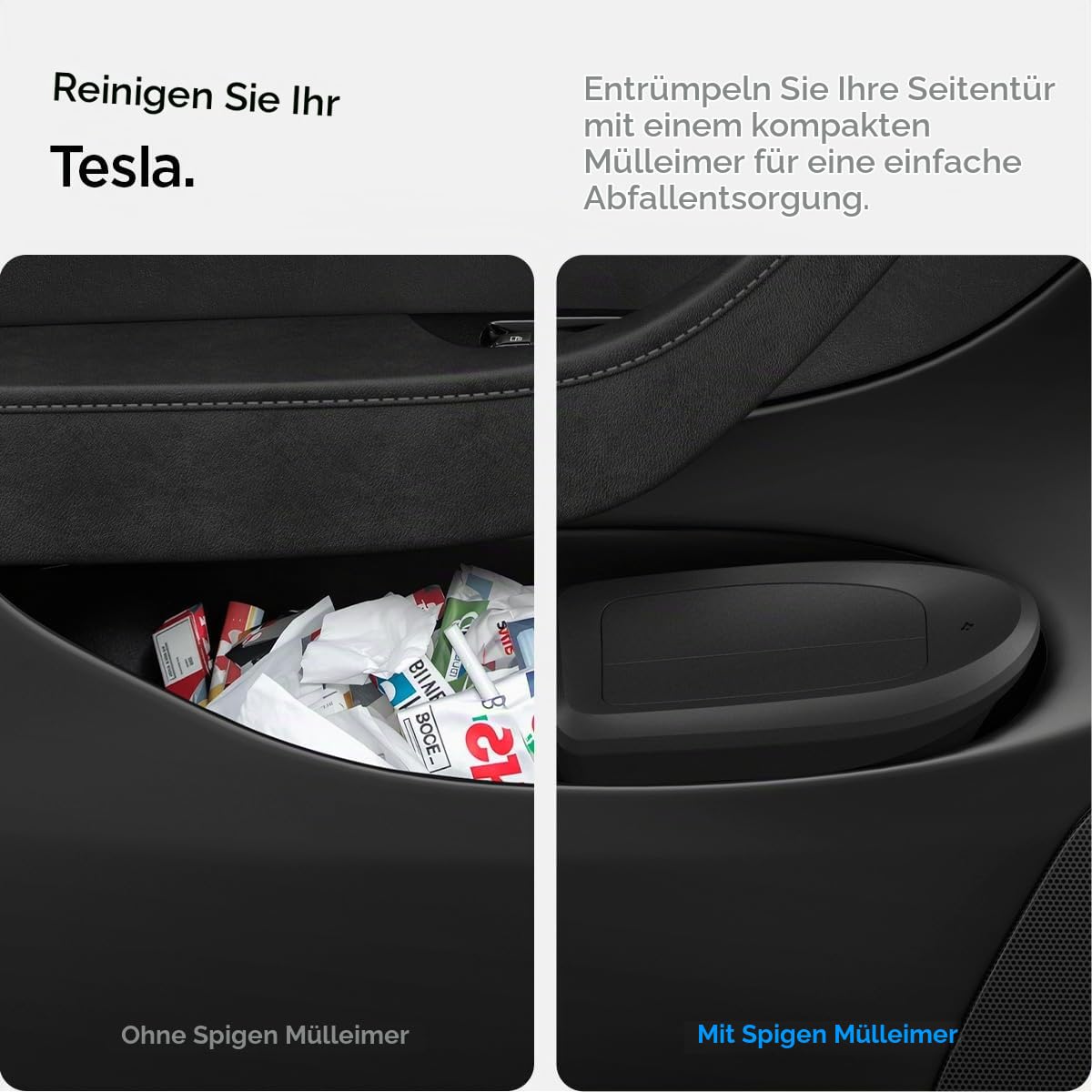 Spigen Tesla Model Y (~2025) Innenraum Mülleimer für Autotür【inkl. 50 Müllbeutel】Platzsparendes Design, Einfache Müllentsorgung für Model Y (~2025) - Nicht Kompatibel mit Juniper (Nur für Fahrerseite)