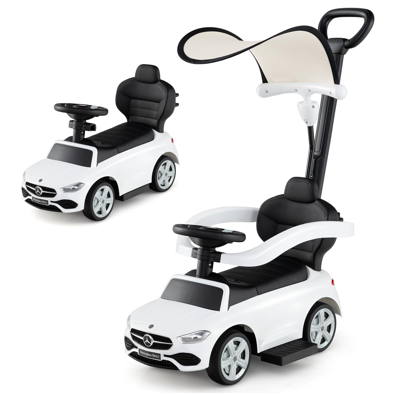 COSTWAY 3 in 1 Ride on Push Car, Mercedes-Benz Licensed Toddler Sliding Car with Steering Handle and Wheel, Horn, Adjustable Canopy, Foot to Floor Slider for Boys Girls 18-36 Months Old (White)