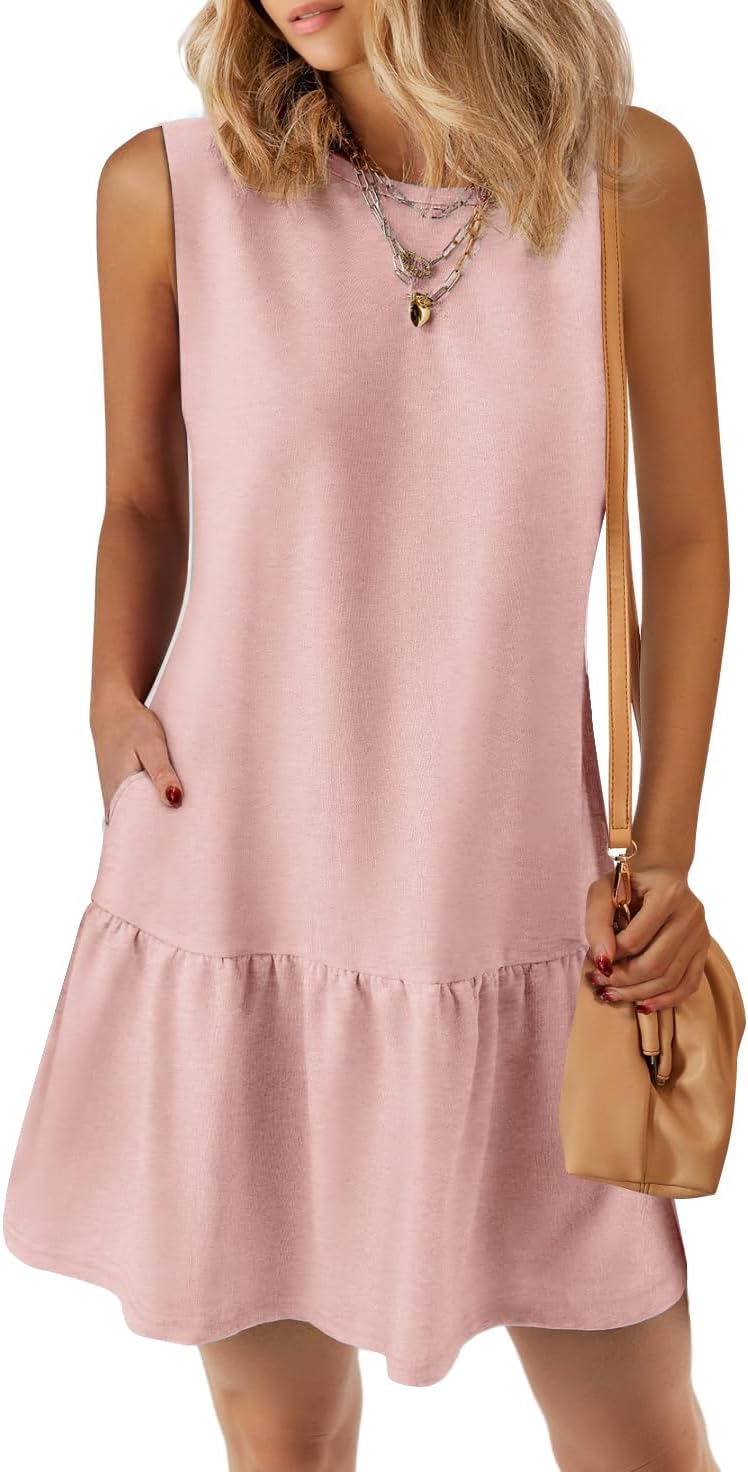 PRETTYGARDEN Casual Short Summer Dresses for Women 2025 Sleeveless Crewneck Cute Ruffle Loose Vacation Mini Tshirt Dress