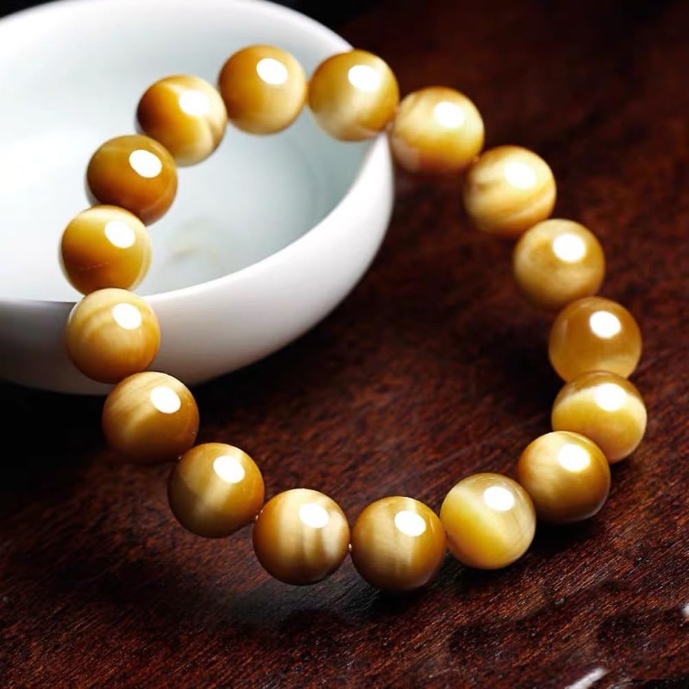 Bracciale in Occhio di Tigre da Uomo | Occhio di Gatto Giallo Dorato Naturale | Gioielli Elastici Fatti a Mano per Circa la Misura del Polso | Porta Fortuna, Coraggio e Fiducia,10mm