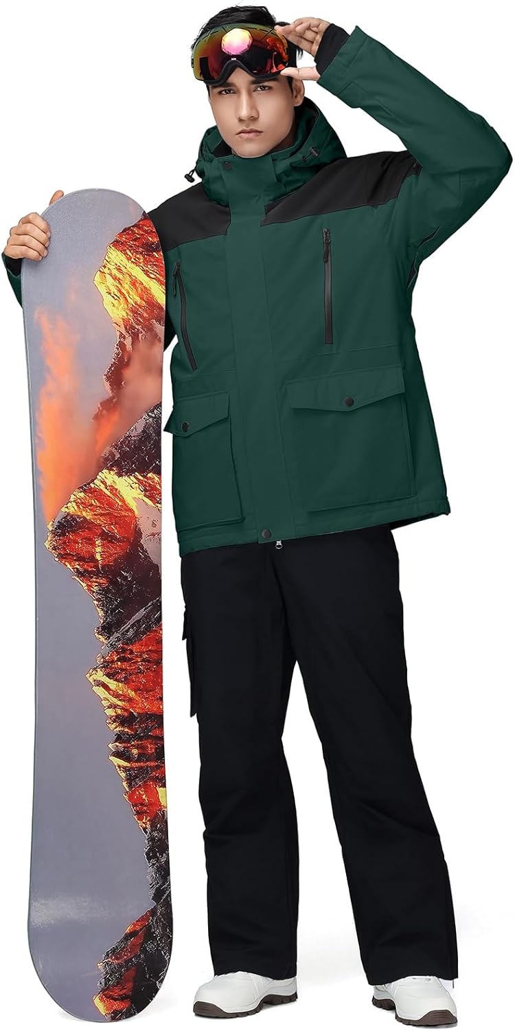 yeefine men's ski suit two piece insulated snowsuits snow jacket and pants set waterproof winter snowboard suits outdoor green+black xx-large