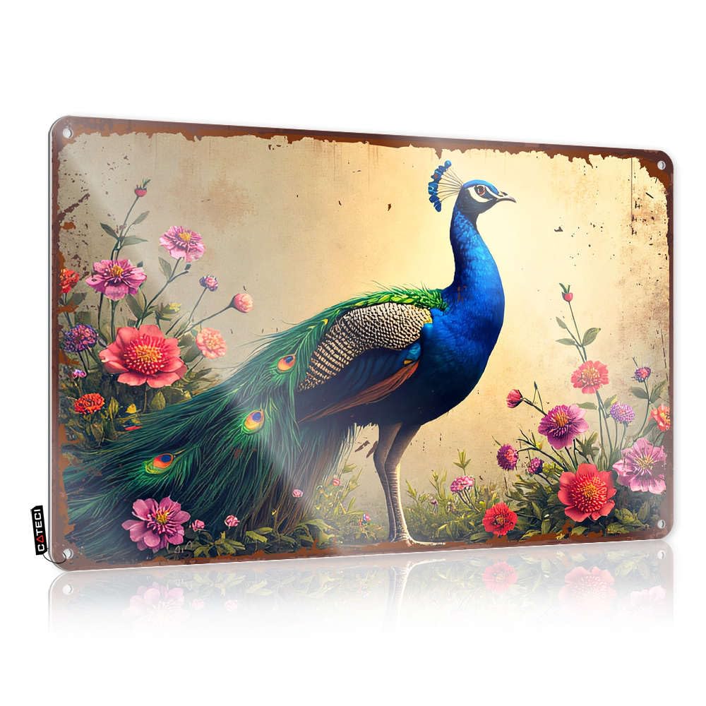 Fzfn Colour Poster Classy Vintage Wall Art, Love Decor Retro Nice Tin Sign For Home Bar | 8X12 Inch A Majestic Peacock Amidst Vibrant Flowers Perfect For Mountain Decor(20X30cm)